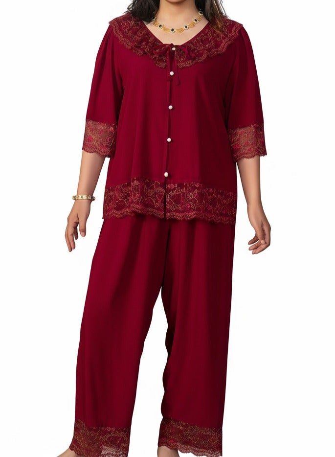 بيوينتي طقم بيجامة نسائي بمقاس كبير بتصميم كلاسيكي فاخر، دانتيل مطرز وكشكشة أنيقة، ياقة V مزينة بفيونكة، أزرار أمامية، وأكمام فضفاضة بطول ثلاثة أرباع. - Image 1
