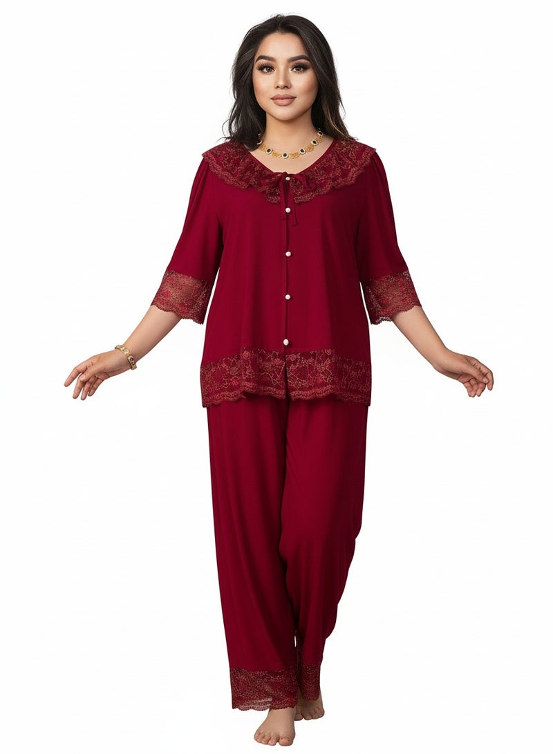 بيوينتي طقم بيجامة نسائي بمقاس كبير بتصميم كلاسيكي فاخر، دانتيل مطرز وكشكشة أنيقة، ياقة V مزينة بفيونكة، أزرار أمامية، وأكمام فضفاضة بطول ثلاثة أرباع. - Image 3