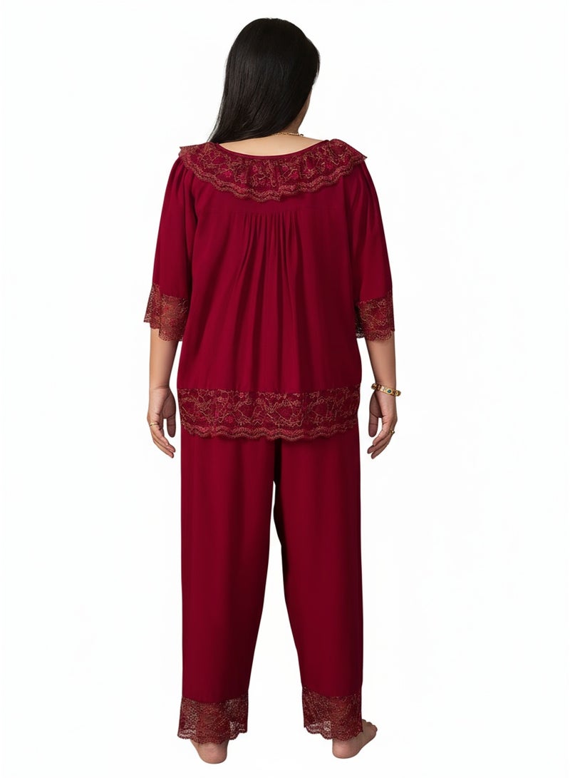 بيوينتي طقم بيجامة نسائي بمقاس كبير بتصميم كلاسيكي فاخر، دانتيل مطرز وكشكشة أنيقة، ياقة V مزينة بفيونكة، أزرار أمامية، وأكمام فضفاضة بطول ثلاثة أرباع. - Image 4
