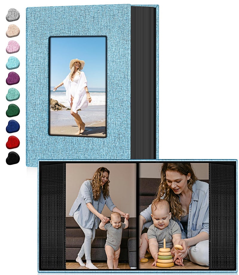 EJBLFE ألبوم Ejblfe Photo ألبوم 4x6 غلاف الكتان ألبوم ألبوم يمكن أن يحمل 100 صورة 4x6 مع 50 ورقة أسود لطفل زفاف عائلي ولديكات العطلات (الأزرق) - Image 1