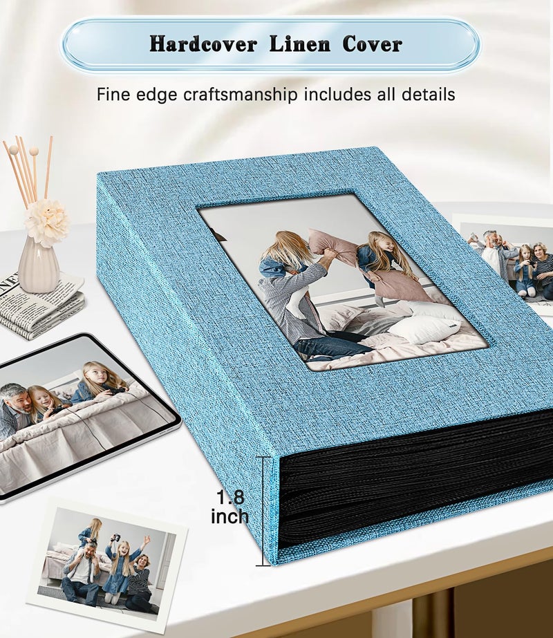 EJBLFE ألبوم Ejblfe Photo ألبوم 4x6 غلاف الكتان ألبوم ألبوم يمكن أن يحمل 100 صورة 4x6 مع 50 ورقة أسود لطفل زفاف عائلي ولديكات العطلات (الأزرق) - Image 5
