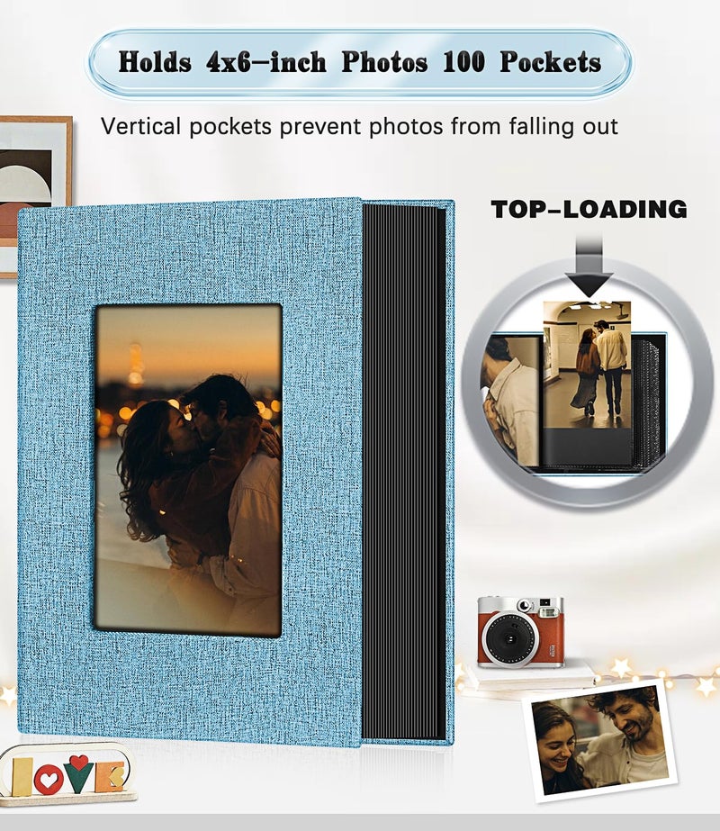 EJBLFE ألبوم Ejblfe Photo ألبوم 4x6 غلاف الكتان ألبوم ألبوم يمكن أن يحمل 100 صورة 4x6 مع 50 ورقة أسود لطفل زفاف عائلي ولديكات العطلات (الأزرق) - Image 3