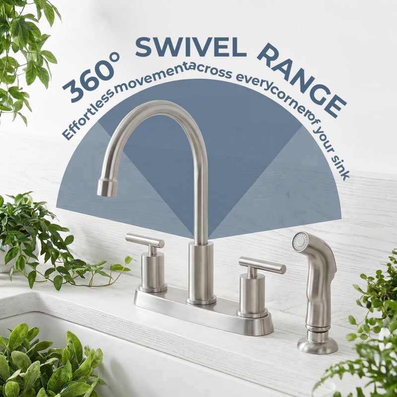 Vsunhoo Kitchen Faucets, Kitchen Sink Faucet, Brushed Nickel Kitchen Faucet with Sprayer, 3 or 4 Hole RV Faucet for Kitchen Sink, Stainless Steel Touch Kitchen Faucet with Side Sprayer, TDLKF024L - Image 3