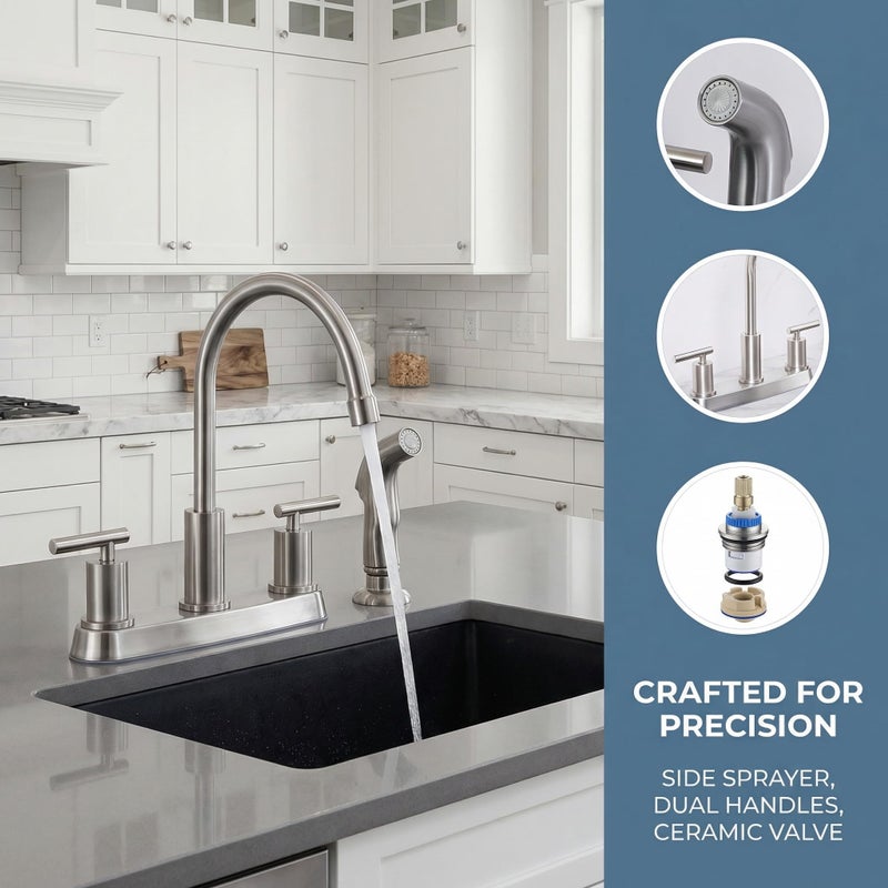 Vsunhoo Kitchen Faucets, Kitchen Sink Faucet, Brushed Nickel Kitchen Faucet with Sprayer, 3 or 4 Hole RV Faucet for Kitchen Sink, Stainless Steel Touch Kitchen Faucet with Side Sprayer, TDLKF024L - Image 5