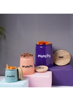 هايزل مجموعة حاويات مطبخ HAZEL مكونة من 3 قطع للوجبات الخفيفة - برطمانات Munchy Brunchy بأغطية باللون الأرجواني والخوخي والأزرق المخضر (2350 مل، 650 مل، 225 مل) - هدايا ديوالي مثالية لمحبي الوجبات الخفيفة  - Image 2