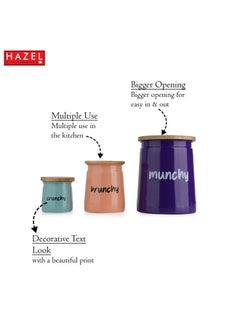 هايزل مجموعة حاويات مطبخ HAZEL مكونة من 3 قطع للوجبات الخفيفة - برطمانات Munchy Brunchy بأغطية باللون الأرجواني والخوخي والأزرق المخضر (2350 مل، 650 مل، 225 مل) - هدايا ديوالي مثالية لمحبي الوجبات الخفيفة  - Image 3