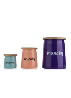 هايزل مجموعة حاويات مطبخ HAZEL مكونة من 3 قطع للوجبات الخفيفة - برطمانات Munchy Brunchy بأغطية باللون الأرجواني والخوخي والأزرق المخضر (2350 مل، 650 مل، 225 مل) - هدايا ديوالي مثالية لمحبي الوجبات الخفيفة  - Image 1