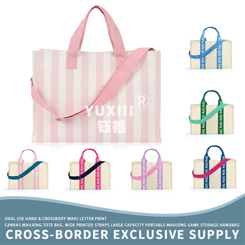 Canvas Cosmetic Bag with Mahjong Print, Large Capacity Adjustable Crossbody - Image 1