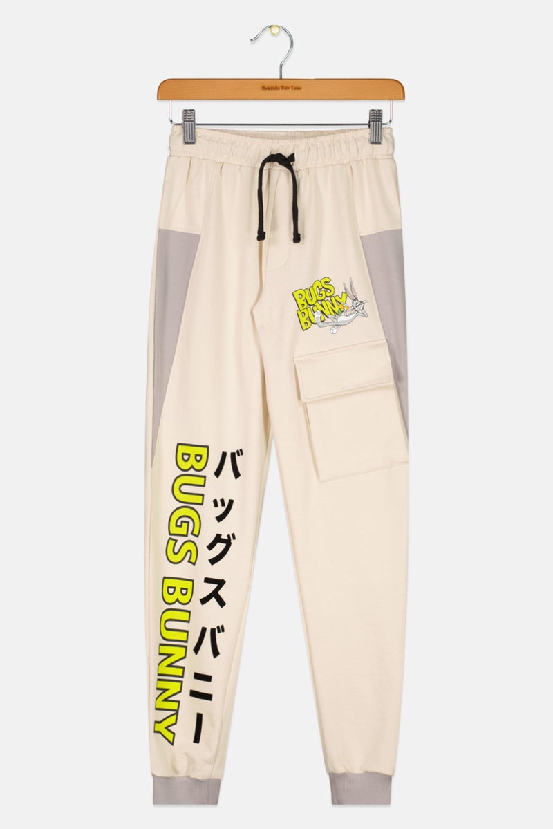 Looney Tunes Kids Boy Drawstring Graphic Print Jogger Pants, Off White  - Image 1