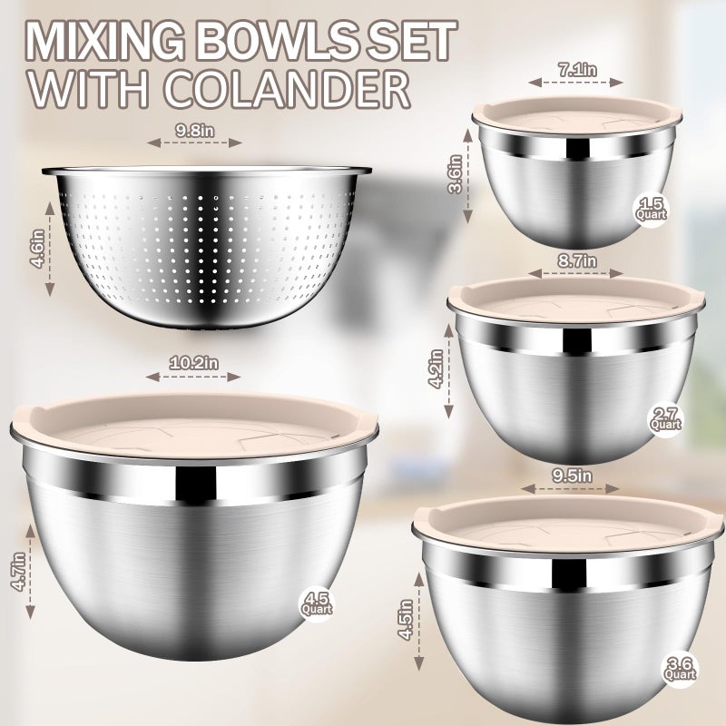 DUTZUN Stainles Steel Mixing Bowls with Lids Set, Stackable Metal Mixing & Serving Bowl with Strainer, 5-Piece - Beige - Image 2