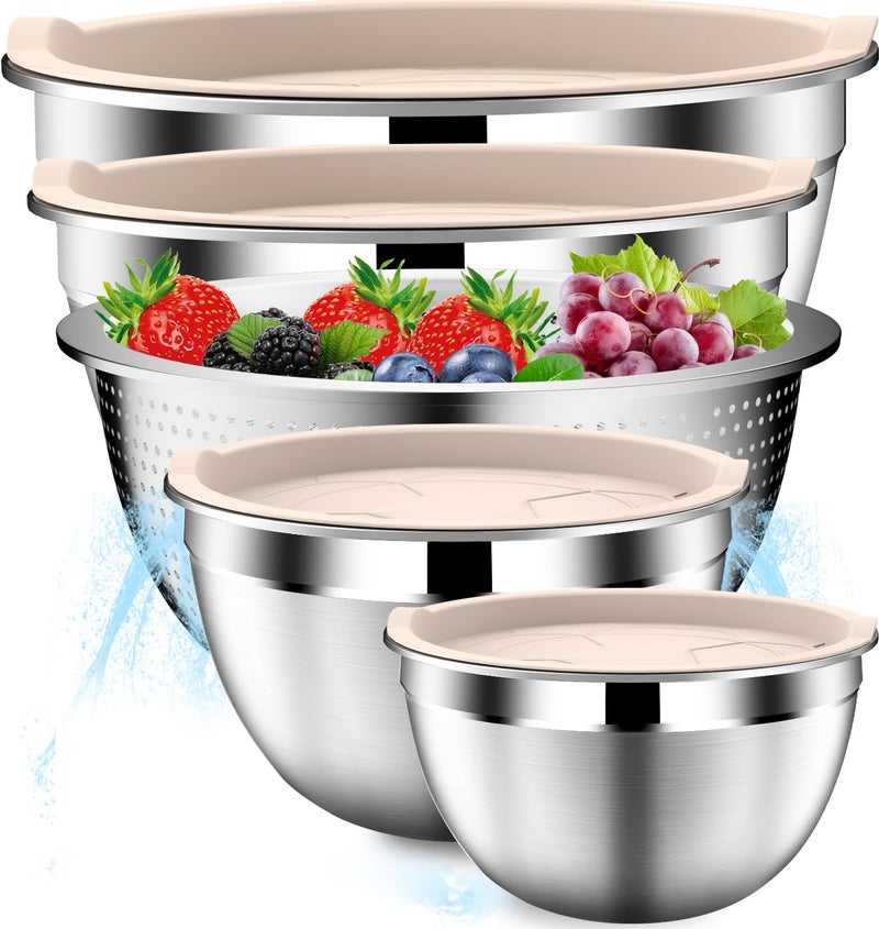 DUTZUN Stainles Steel Mixing Bowls with Lids Set, Stackable Metal Mixing & Serving Bowl with Strainer, 5-Piece - Beige - Image 1