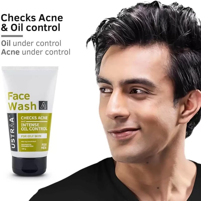 Ustraa Face Wash for Oily Skin Men – 100g | Intense Oil & Acne Control with Key Lime & Basil Extract | Removes Excess Oil & Dirt | Sulphate & Paraben Free Face Cleanser | Fresh Scent - Image 1