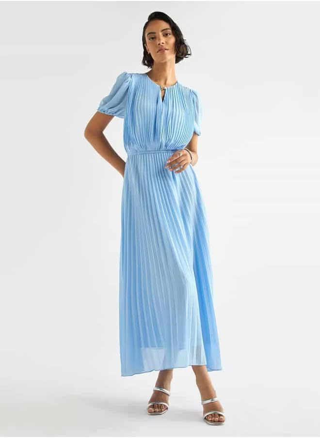 FAV Pleated Keyhole Neck Dress with Puff Sleeves