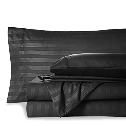 Mocassi Queen Stripe Sheet Set  Luxury Hotel 1800 Premier Bedding Sheets  Pillowcases  Ultra Soft Breathable  Cooling Bed Sheets  Wrinkle Resistant  6 Piece Set  Queen Black