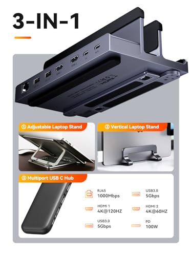 QUUGE Laptop Docking Station Stand Dual 4K: QUUGE USB C Docking Station Dual Monitor for Laptop, 2 HDMI (Windows Single 4K@120Hz), 2 USB3.0 Ports, 100W PD, RJ45 Ethernet, Universal Laptop Stand USB C Dock - Image 2