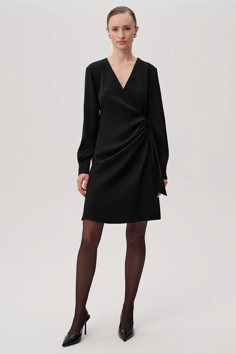 EXQUISE Wrap Neck, Tie-Waist Long Sleeve Regular Mini Black Dress