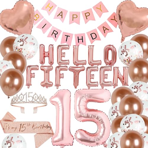 DUFACAI 15th Birthday Decorations for Girls Rose Gold 15th Happy Birthday Tiara Sash Hello Fifteen Party Supplies Number 15 Balloons 15 Years Old Bday Party Kit for Her Girl Rose gold - Image 1