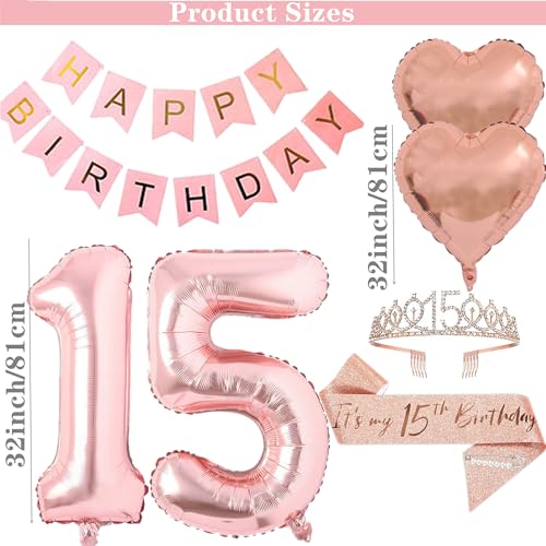 DUFACAI 15th Birthday Decorations for Girls Rose Gold 15th Happy Birthday Tiara Sash Hello Fifteen Party Supplies Number 15 Balloons 15 Years Old Bday Party Kit for Her Girl Rose gold - Image 5
