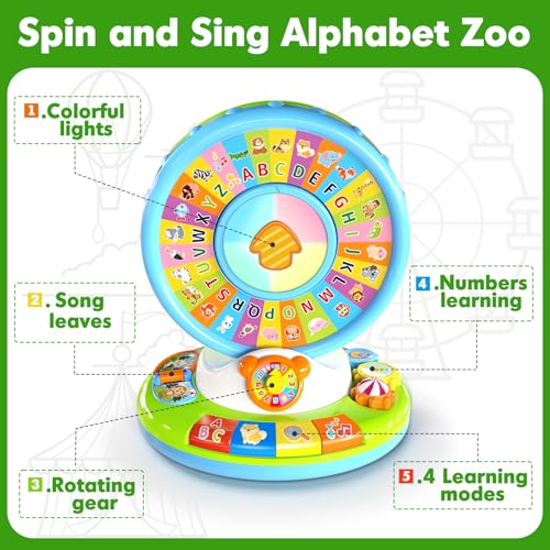 Aigybobo Toys for 1 2 3 Years Old Boys Girls, Musical Spin & Sing Alphabet Zoo with Lights & Sounds, Learning Educational Toys for Toddler 1-3, Christmas Birthday Gifts for Baby Kids Age 6-9-12-18 Months - Image 2