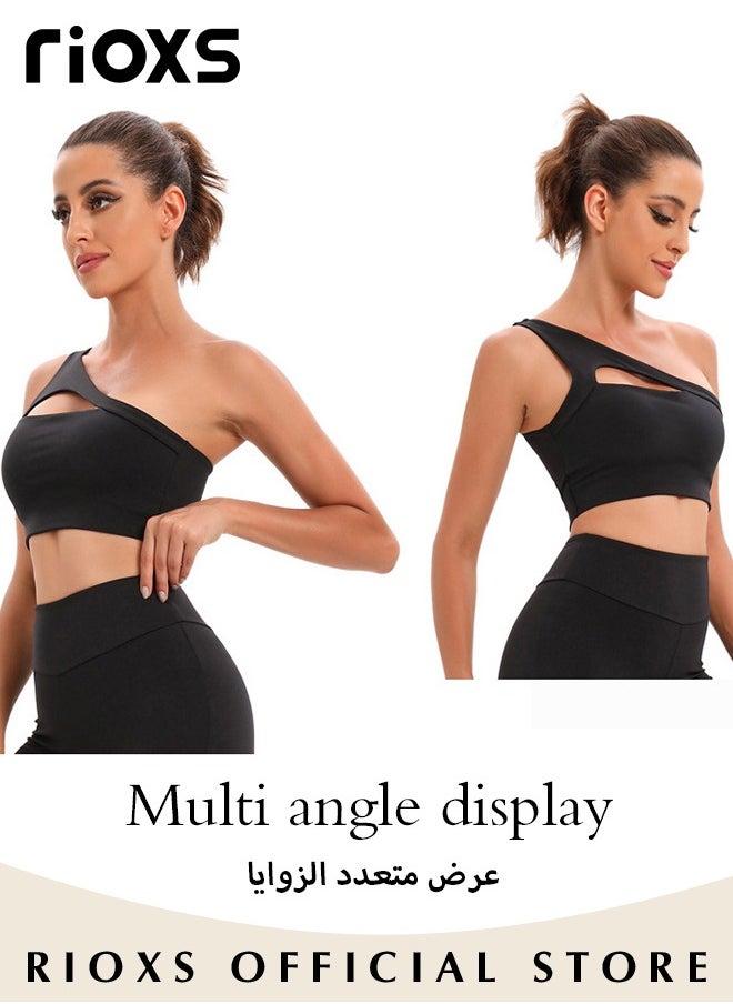 RIOXS - Women's One Shoulder Sports Bra Wireless Padded Yoga Bra Halter Style Medium Support Workout Bra - Image 1