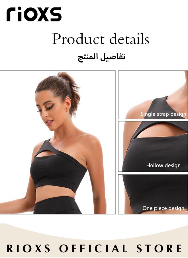RIOXS - Women's One Shoulder Sports Bra Wireless Padded Yoga Bra Halter Style Medium Support Workout Bra - Image 1