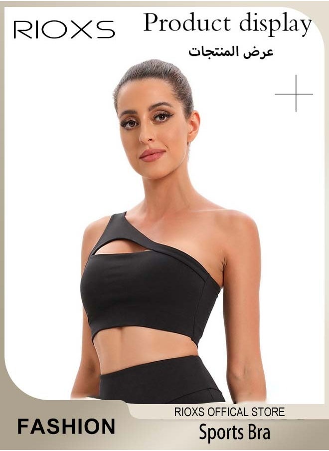 RIOXS - Women's One Shoulder Sports Bra Wireless Padded Yoga Bra Halter Style Medium Support Workout Bra - Image 1