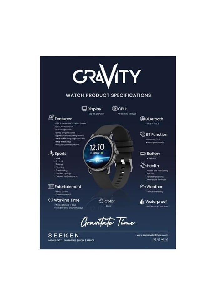 Seeken Smart Watch Round Shape Gravity IP67 Waterproof and Dust Proof HD Display With Two Strap and Wireless Charger