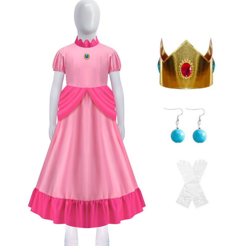 Rosalina Cosplay Dress Super Mario Galaxy Princess Costume Pink dress [Skirt + crown + gloves + earrings]] 