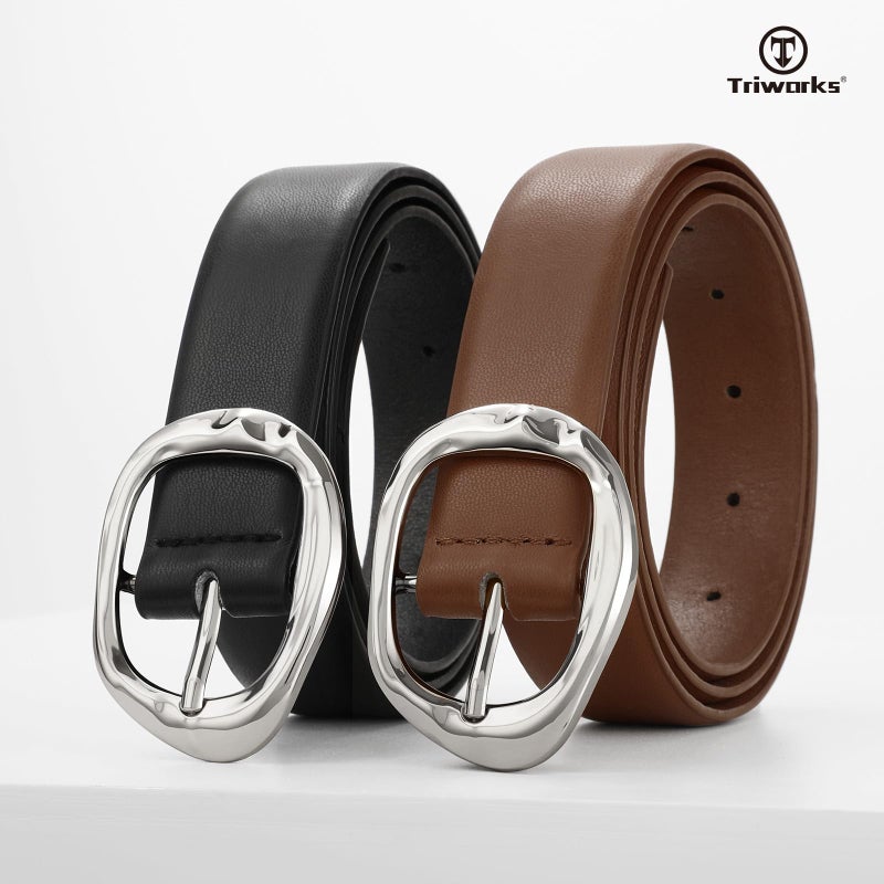TRIWORKS 2 Pack Leather Belts for Women Fashion Waist Belt with Liquid Shapes Women Belt for Jeans Pants Dresses - Image 2