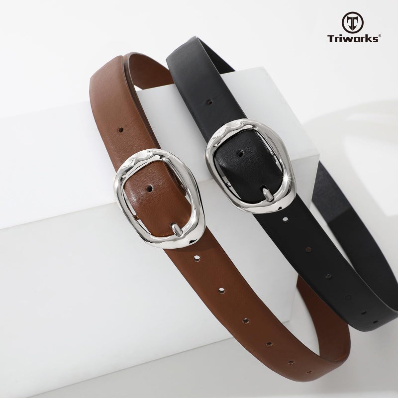 TRIWORKS 2 Pack Leather Belts for Women Fashion Waist Belt with Liquid Shapes Women Belt for Jeans Pants Dresses - Image 4