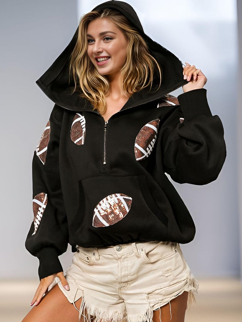 Joiemont Womens Football Sequin Rugby Patches Half Zip Up Fleece Hoodie Casual Pullover Long Sleeve Zipper Sweatshirt(0484-Black-XL) - Image 5