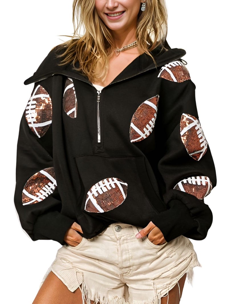 Joiemont Womens Football Sequin Rugby Patches Half Zip Up Fleece Hoodie Casual Pullover Long Sleeve Zipper Sweatshirt(0484-Black-XL) - Image 1