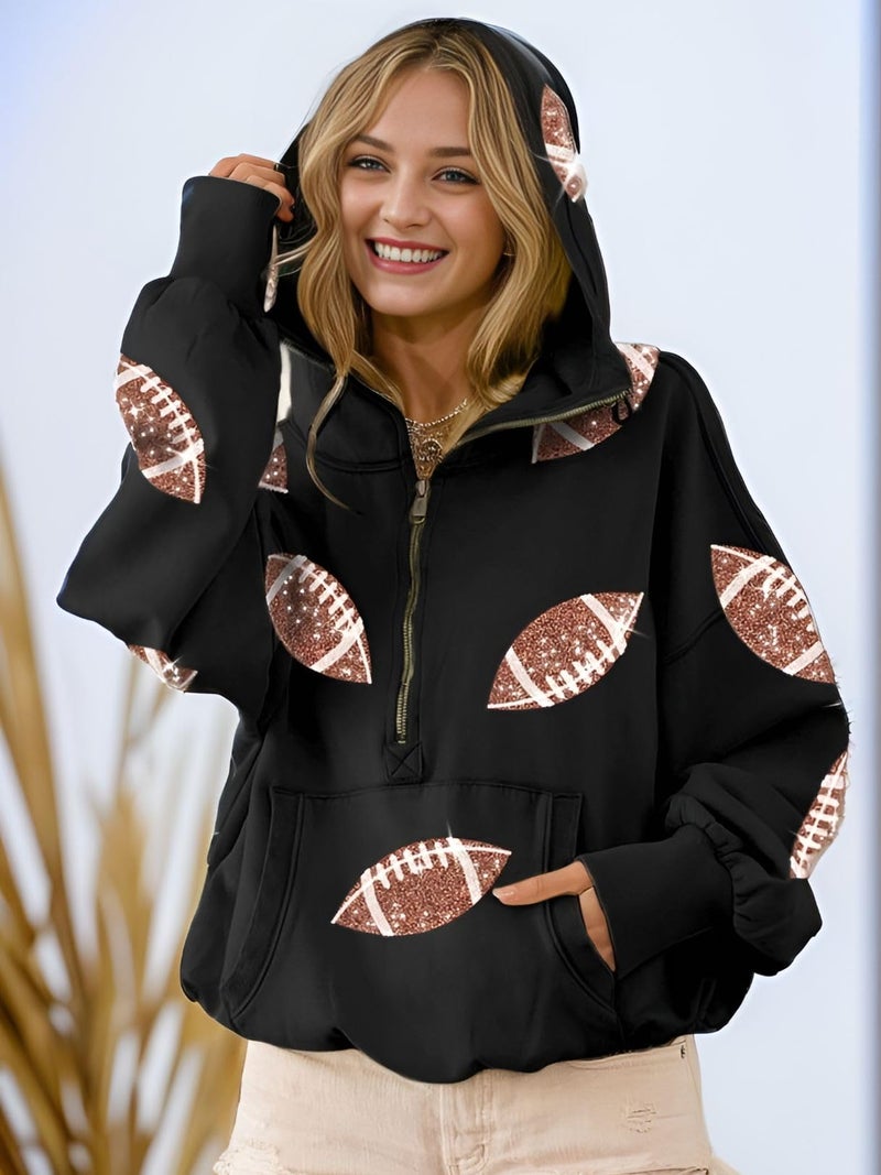 Joiemont Womens Football Sequin Rugby Patches Half Zip Up Fleece Hoodie Casual Pullover Long Sleeve Zipper Sweatshirt(0484-Black-XL) - Image 4