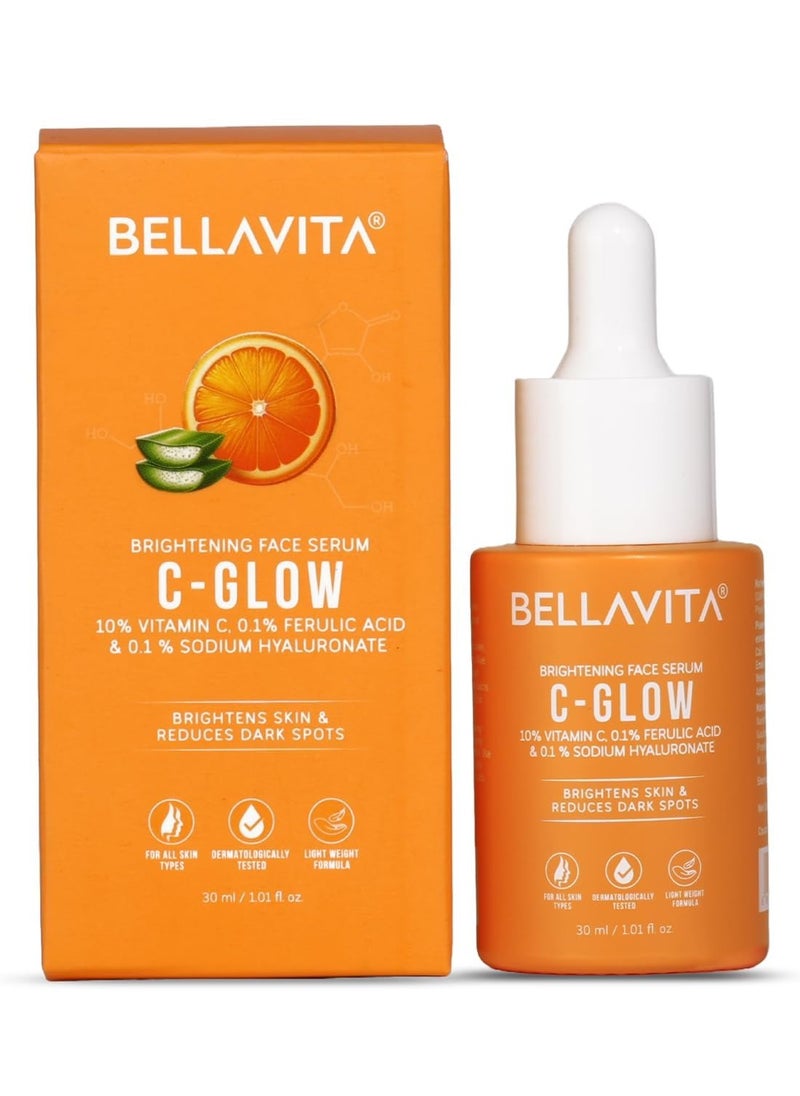 BELLAVITA C GLOW Face Serum | Vitamin C Serum 10%, 0.1% Ferulic Acid & Hyaluronic Acid | 99% Pure Form of Vitamin C,for Glowing Skin, Reduce Dark Spots Non-Irritating | Non-Sticky | Brightening Vit C Formula |30 ml  - Image 1