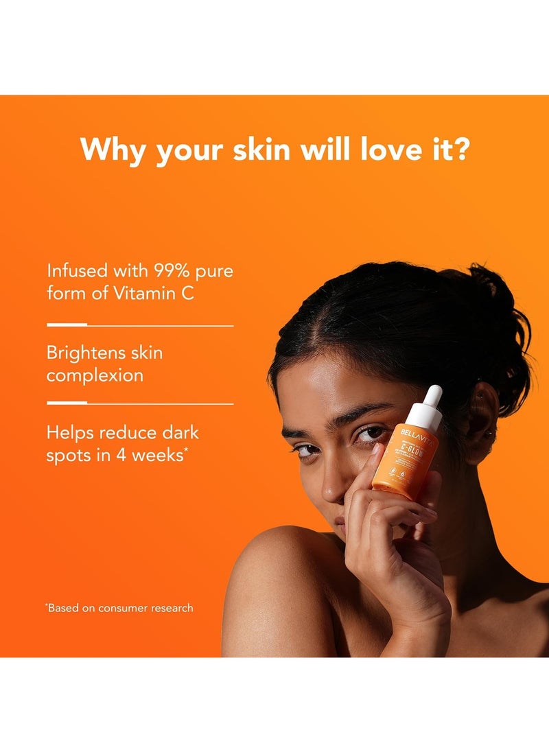 BELLAVITA C GLOW Face Serum | Vitamin C Serum 10%, 0.1% Ferulic Acid & Hyaluronic Acid | 99% Pure Form of Vitamin C,for Glowing Skin, Reduce Dark Spots Non-Irritating | Non-Sticky | Brightening Vit C Formula |30 ml  - Image 2