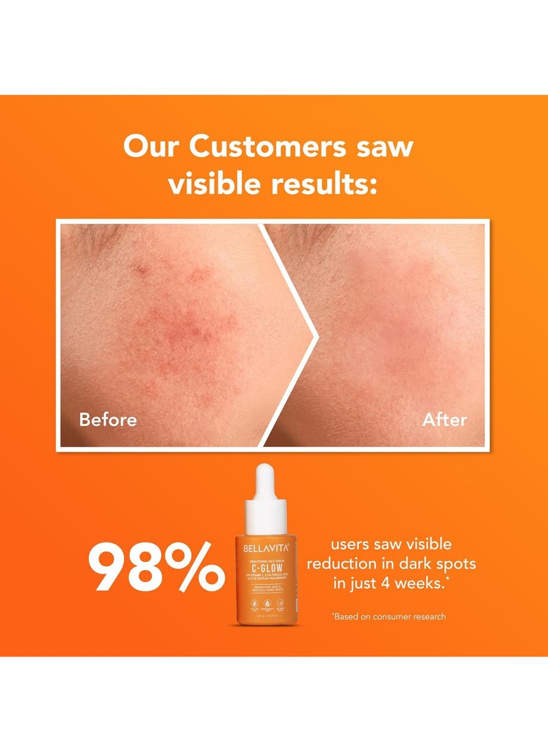 BELLAVITA C GLOW Face Serum | Vitamin C Serum 10%, 0.1% Ferulic Acid & Hyaluronic Acid | 99% Pure Form of Vitamin C,for Glowing Skin, Reduce Dark Spots Non-Irritating | Non-Sticky | Brightening Vit C Formula |30 ml  - Image 4