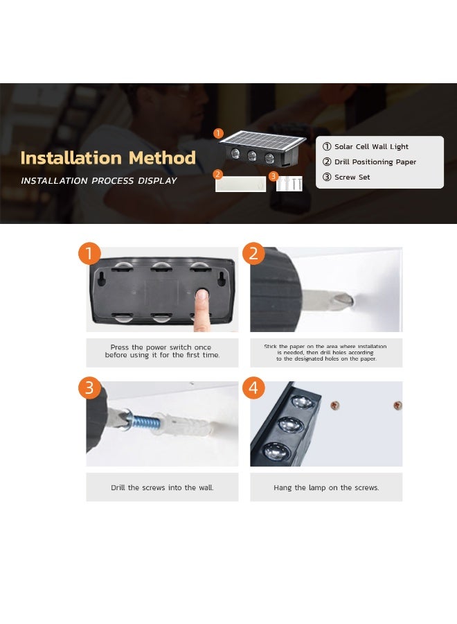 مودي مصباح حائط يعمل بالطاقة الشمسية، ضوء ذهبي، 6 مصابيح LED للأعلى والأسفل، مقاوم للماء IP65، يعمل بالطاقة الشمسية، فيلا، حديقة، سياج، شرفة، مصباح حائط زخرفي مع وقت تشغيل 8 ساعات، قطعتين - Image 5