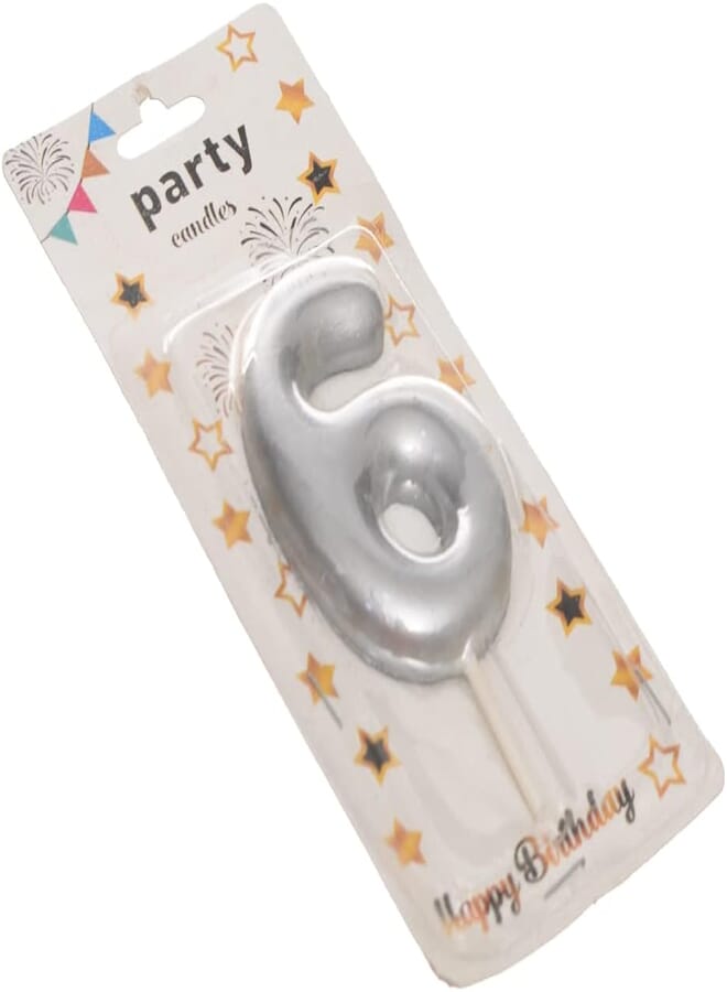 Generic Large birthday glitter candle with number 6 design for cake decoration - silver