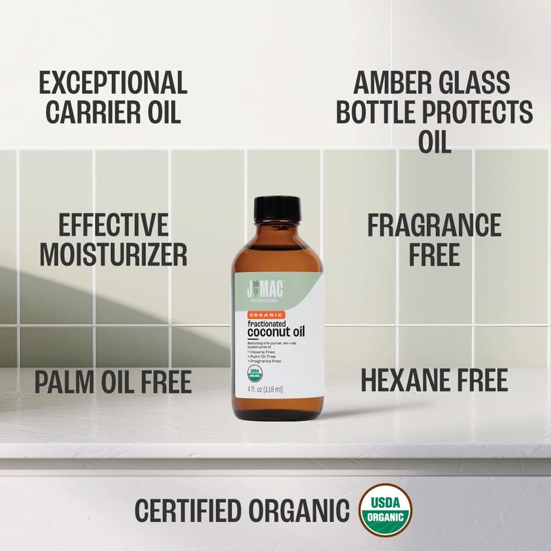 J MAC BOTANICALS organic Fractionated Coconut Oil (4 oz Glass Bottle) Organic Carrier Oil and moisturizer - Image 2