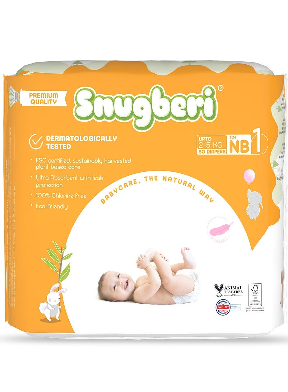Snugberi Premium Eco-Friendly Chlorine Free Feather Soft Printed Diapers Made Of Natural Wood Pulp With Wetness Indicator Size 1 New Born 2-5Kg - Mega Pack 80'S