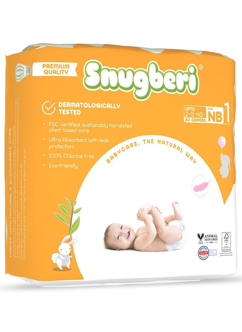 Snugberi - Premium Eco-Friendly Chlorine Free Feather Soft Printed Diapers Made Of Natural Wood Pulp With Wetness Indicator Size 1 New Born 2-5Kg - Mega Pack 80'S - Image 1