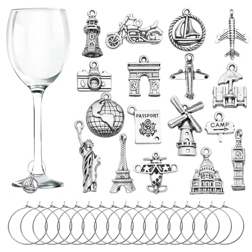 CNYMANY 17 pcs Wine Glass Charms, World Travel Themed Goblet Drink Markers Tags with Buckle Design for Wine Cocktail Champagne Tasting Party Favors Decoration Supplies Gifts - Image 1