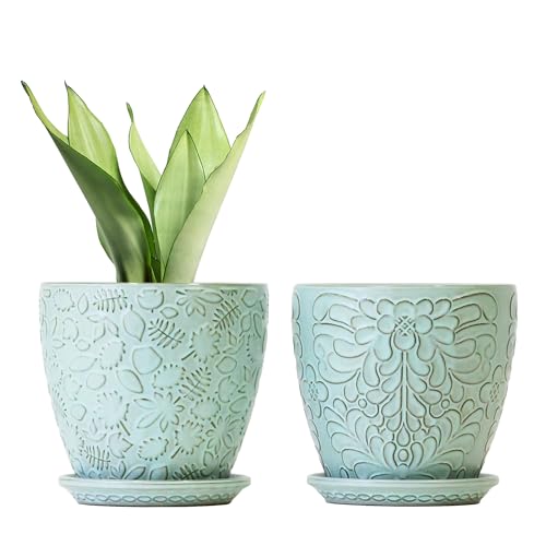 Bestseler 6 Inch Retro Ceramic Planter Set of 2 with Drainage Hole and Saucer for Plants, Indoor-Outdoor Garden Pots for Succulent, Orchid, and Flower (Fits Inner Pots Up to 5 Inches, Retro Green) - Image 1