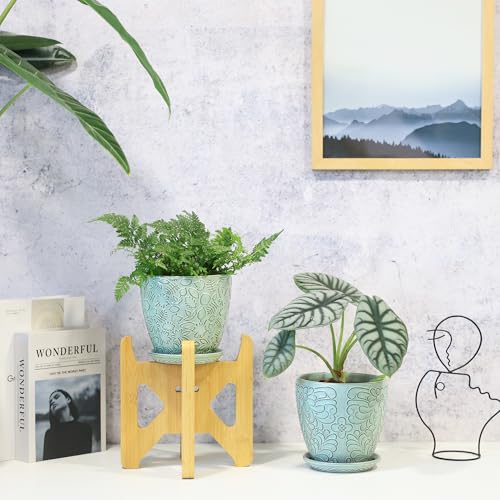 Bestseler 6 Inch Retro Ceramic Planter Set of 2 with Drainage Hole and Saucer for Plants, Indoor-Outdoor Garden Pots for Succulent, Orchid, and Flower (Fits Inner Pots Up to 5 Inches, Retro Green) - Image 4