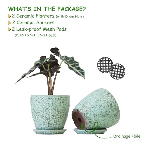 Bestseler 6 Inch Retro Ceramic Planter Set of 2 with Drainage Hole and Saucer for Plants, Indoor-Outdoor Garden Pots for Succulent, Orchid, and Flower (Fits Inner Pots Up to 5 Inches, Retro Green) - Image 2