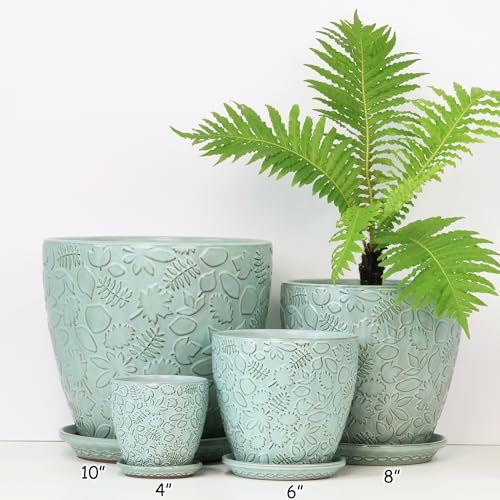 Bestseler 6 Inch Retro Ceramic Planter Set of 2 with Drainage Hole and Saucer for Plants, Indoor-Outdoor Garden Pots for Succulent, Orchid, and Flower (Fits Inner Pots Up to 5 Inches, Retro Green) - Image 5