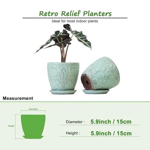 Bestseler 6 Inch Retro Ceramic Planter Set of 2 with Drainage Hole and Saucer for Plants, Indoor-Outdoor Garden Pots for Succulent, Orchid, and Flower (Fits Inner Pots Up to 5 Inches, Retro Green) - Image 3