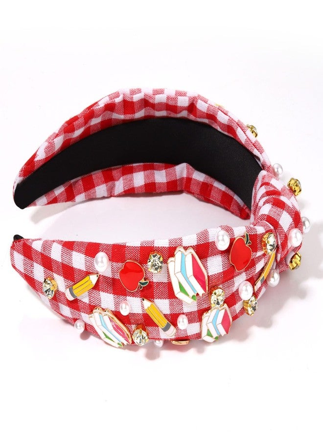 HZEYN Teacher Headband - Red Plaid Pearl Crystal Jeweled Knotted Headband for Women Teachers Appreciation Gifts - Image 3
