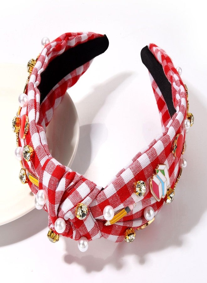 HZEYN Teacher Headband - Red Plaid Pearl Crystal Jeweled Knotted Headband for Women Teachers Appreciation Gifts - Image 4