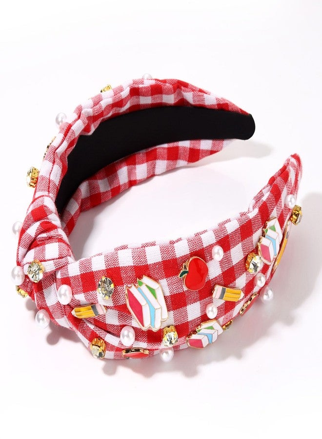 HZEYN Teacher Headband - Red Plaid Pearl Crystal Jeweled Knotted Headband for Women Teachers Appreciation Gifts - Image 2